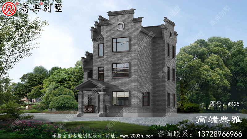 农村自建中式三层别墅设计图，占地123平