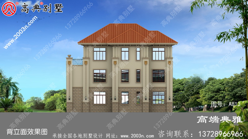 新农村住宅规划建议设计一栋带车库和露台的三层复合建筑。