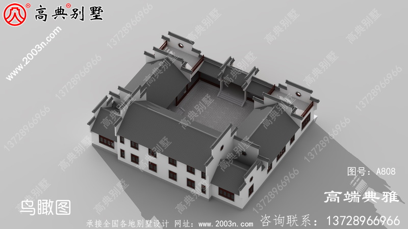 外型简约的中式二层四合院别墅设计图纸带双车库