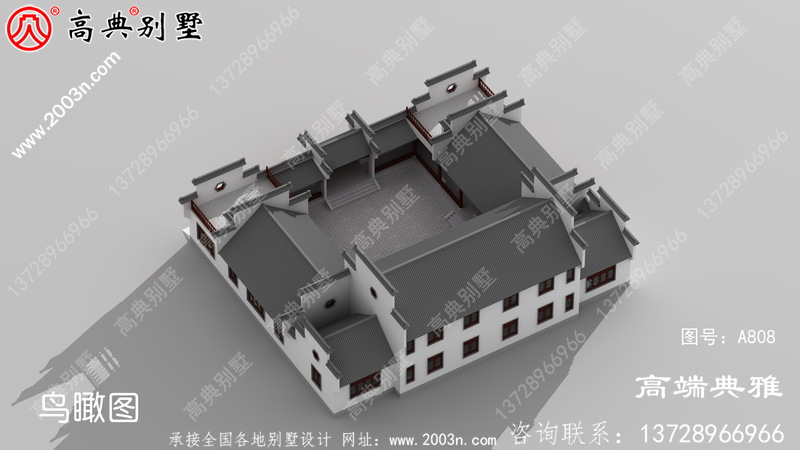 外型简约的中式二层四合院别墅设计图纸带双车库