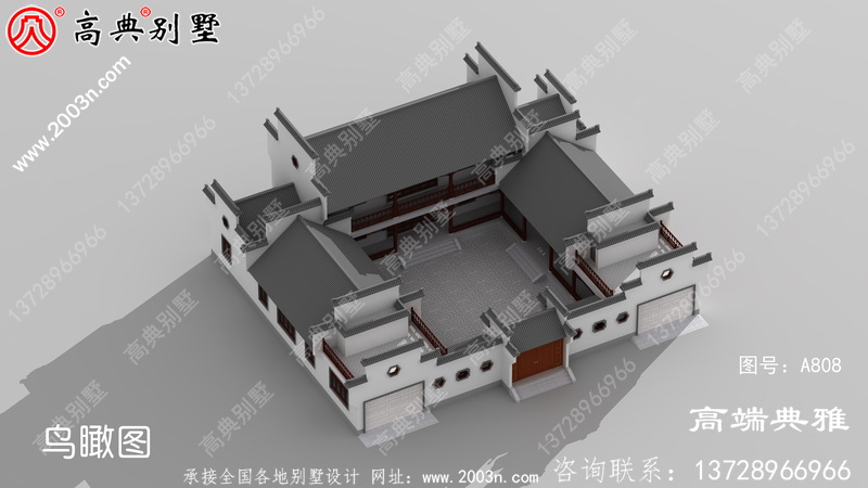 外型简约的中式二层四合院别墅设计图纸带双车库