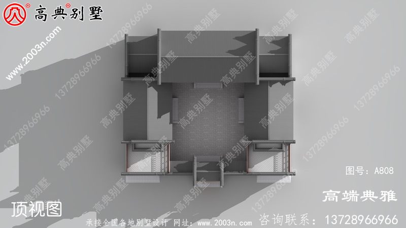 外型简约的中式二层四合院别墅设计图纸带双车库