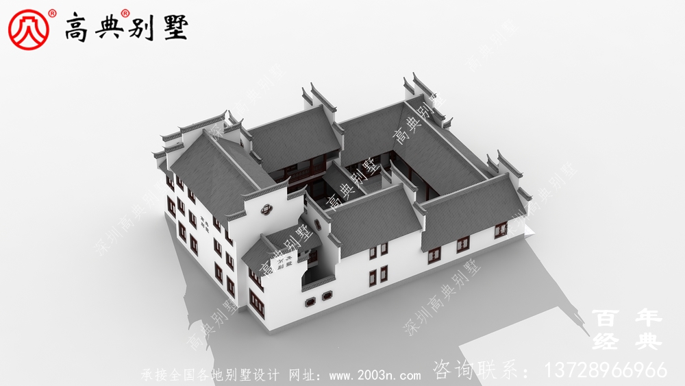 三层中式自建住宅设计图纸及效果图_徽派别墅设计图纸