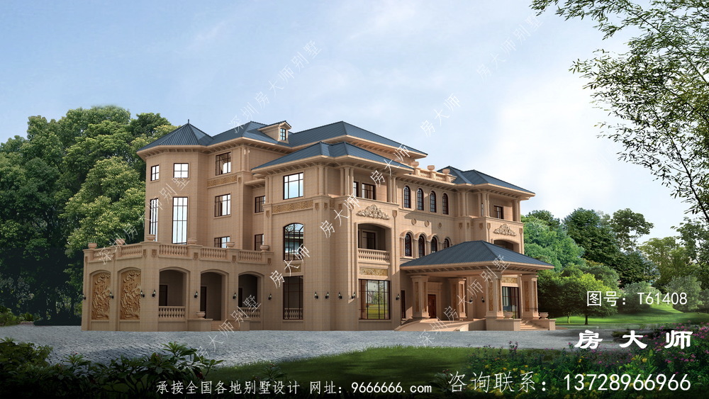 美丽豪华三楼农村建造房屋设计图，有车库