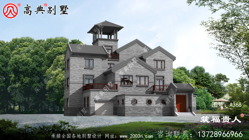 三层新中式农村自建房子设计图纸，含有房间内停车位，美观大方精美高大上