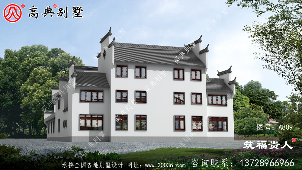 新型中式三层自建房子设计，徽派建筑设计