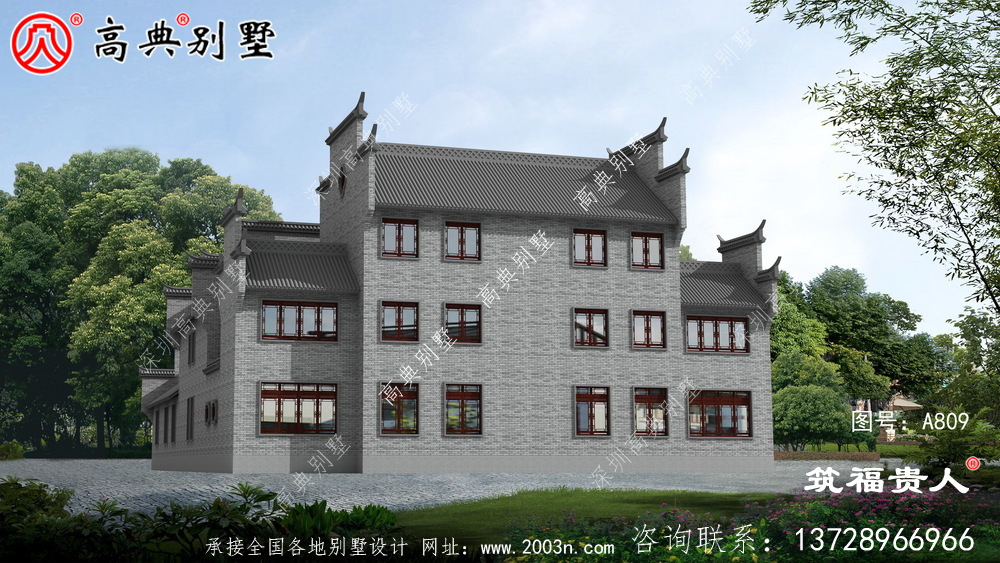 新型中式三层自建房子设计，徽派建筑设计