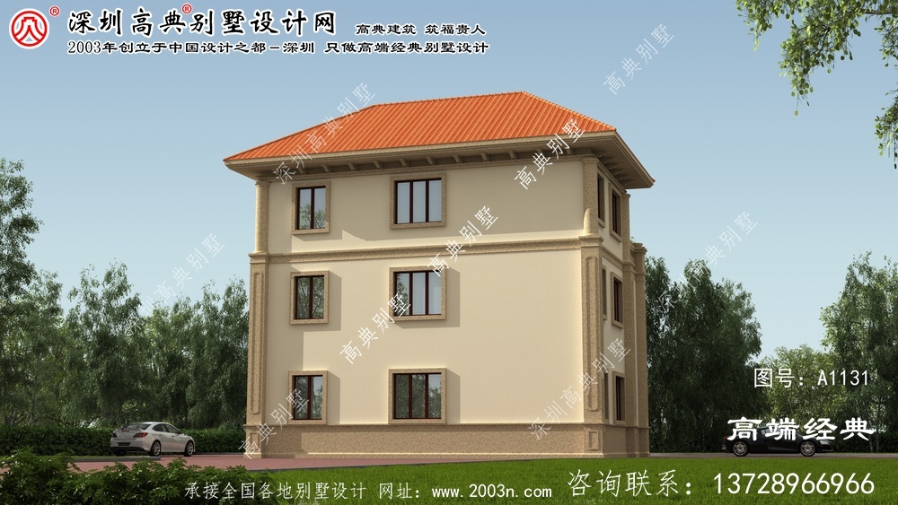 清镇市设计图纸为三层独栋房屋，自建小户型住宅效果图。