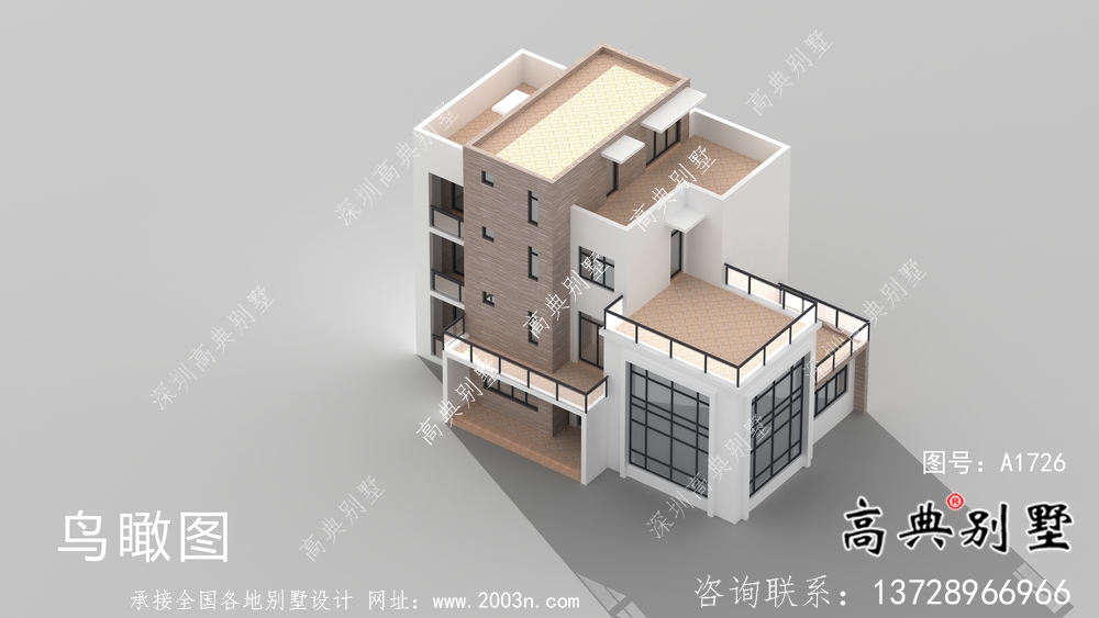 二层现代风格平屋顶别墅户型设计图-效果图