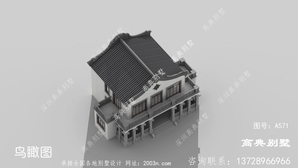 新中式二层高端别墅外观效果图