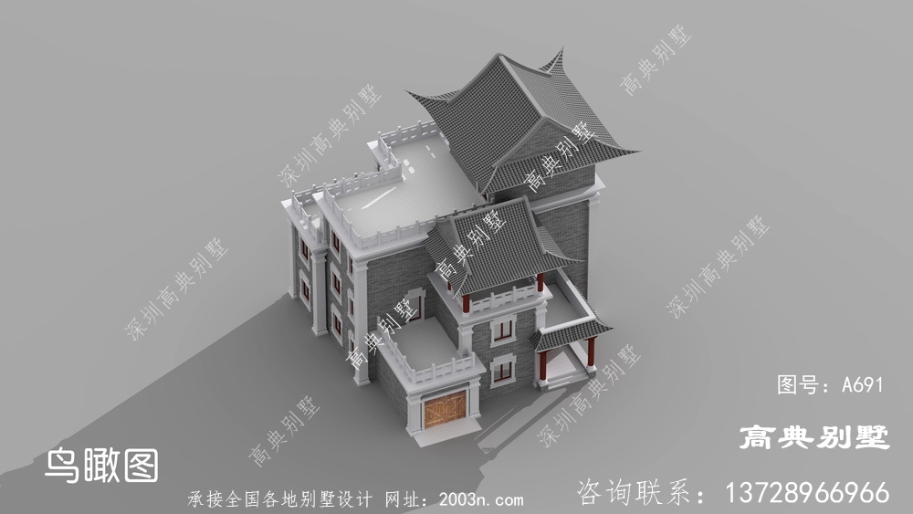 中式四层别墅外观设计效果图带屋顶露台