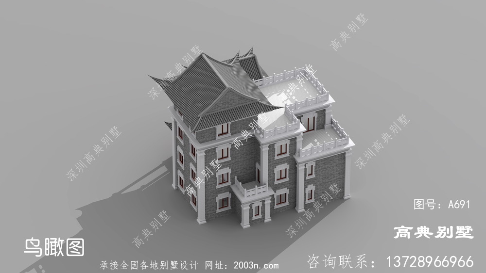 中式四层别墅外观设计效果图带屋顶露台