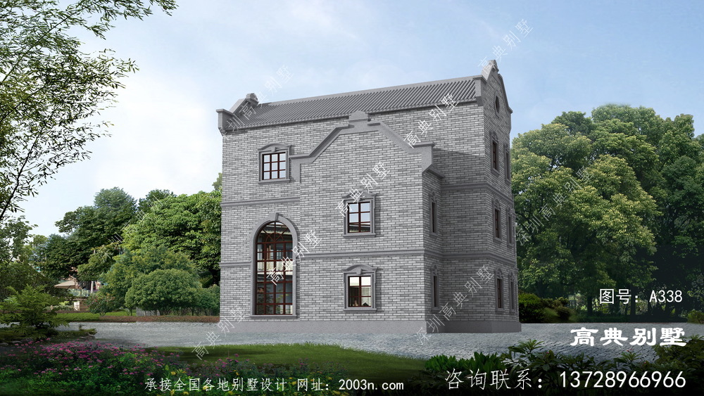 中式风格三层石库门复式别墅建筑外观设计图