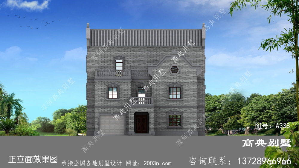 中式风格三层石库门复式别墅建筑外观设计图