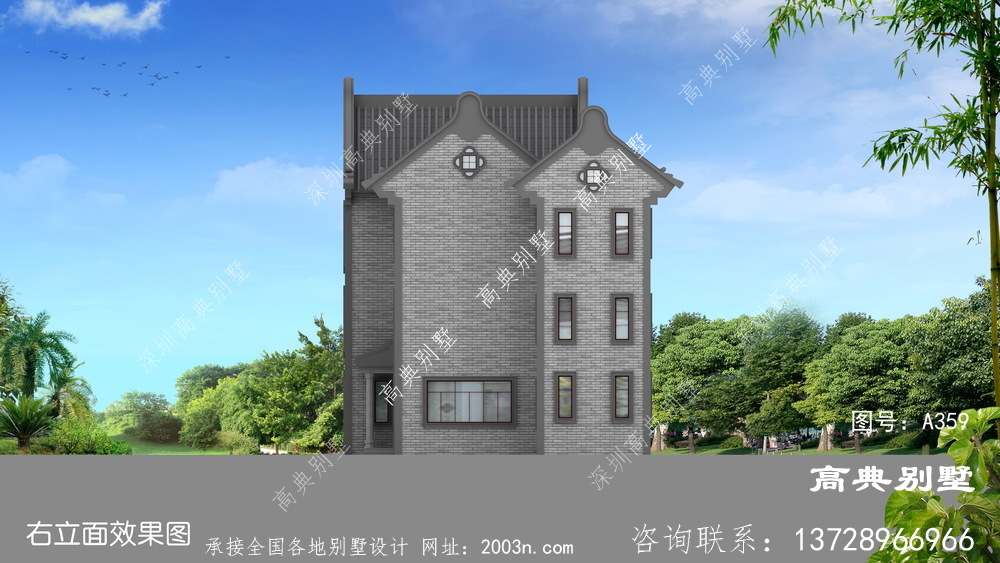 中式风格三层双拼复式别墅外观效果图
