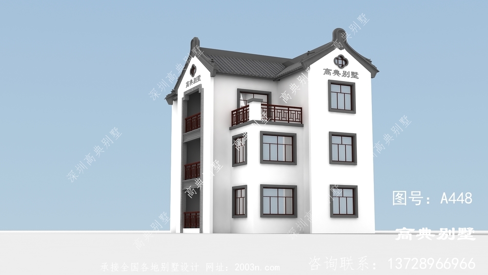 经典的三层中式独栋别墅效果图