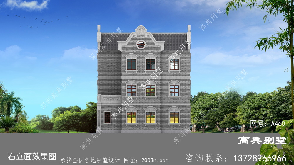 中式风格三层自建别墅外观效果图