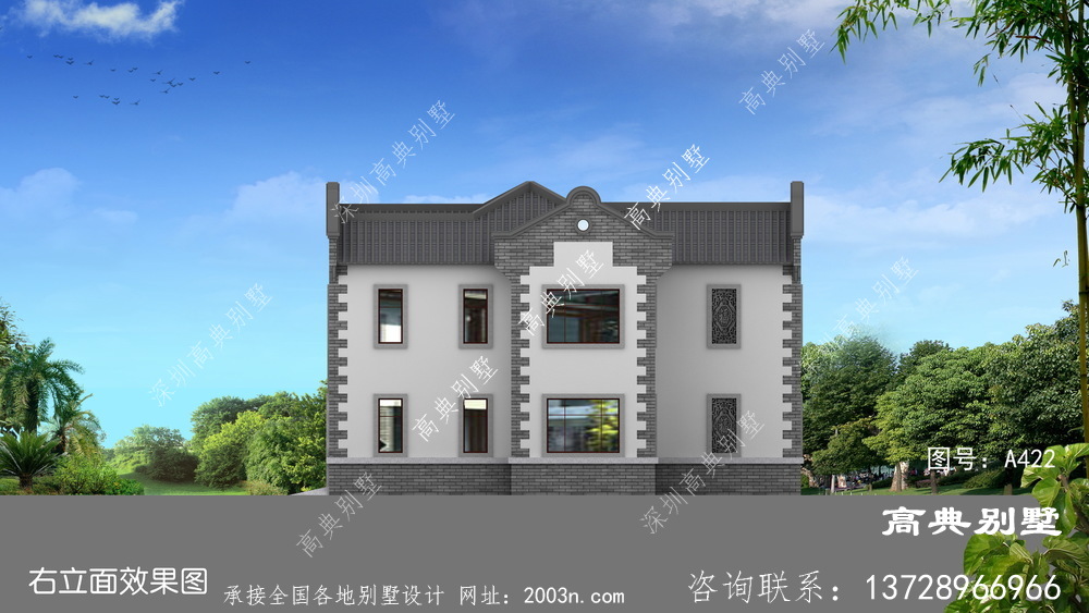 复式二层别墅建造住宅设计图，中式风格