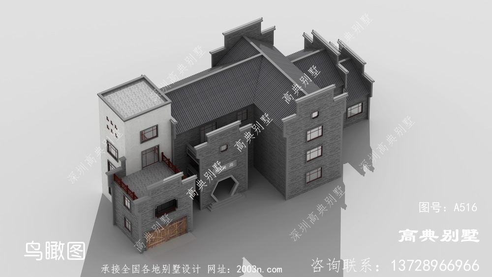 新中式古典三层别墅外观效果图