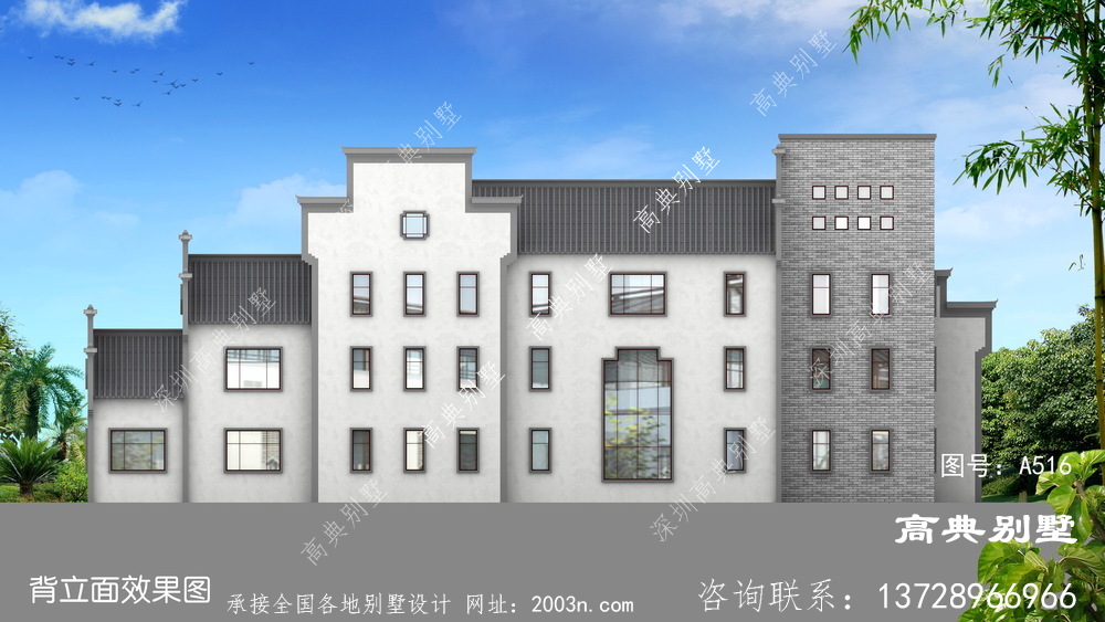 新中式古典三层别墅外观效果图