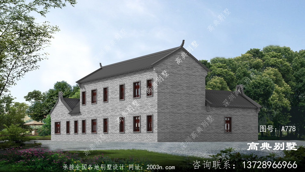 中式风格二层别墅外观效果图