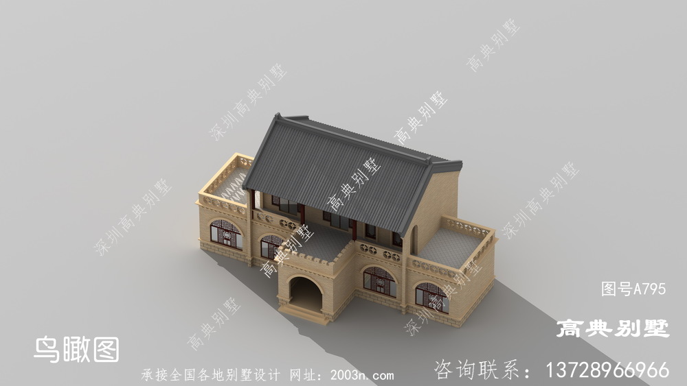 中式风格二层乡村别墅外观效果图
