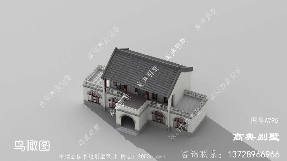 中式风格二层乡村别墅外观效果图