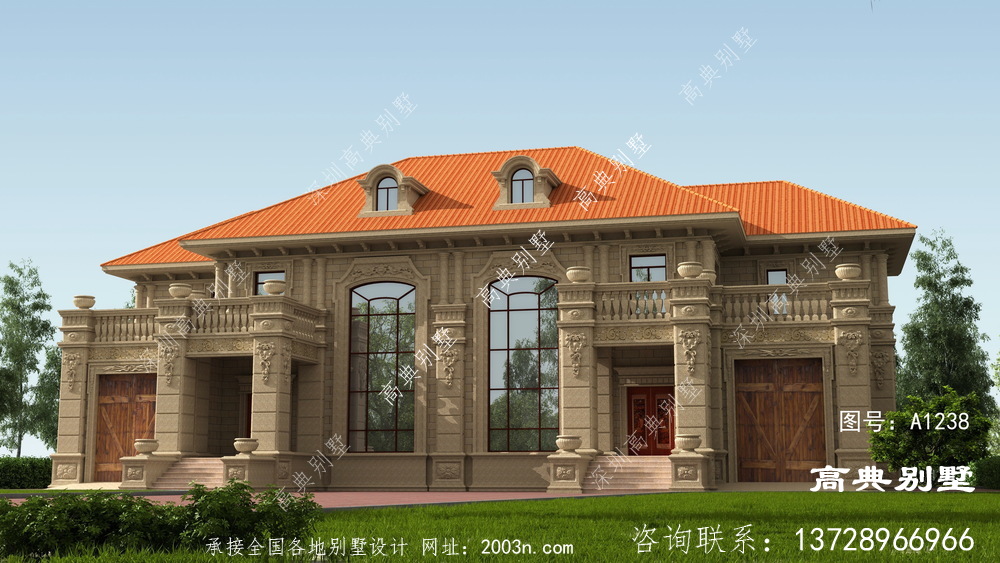欧式石材双拼两层别墅外观设计效果图