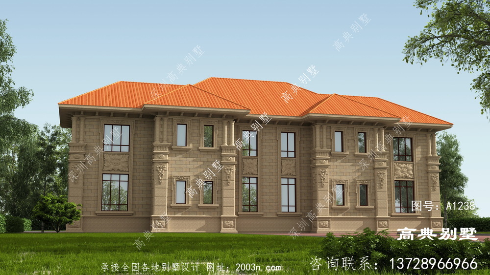 欧式石材双拼两层别墅外观设计效果图