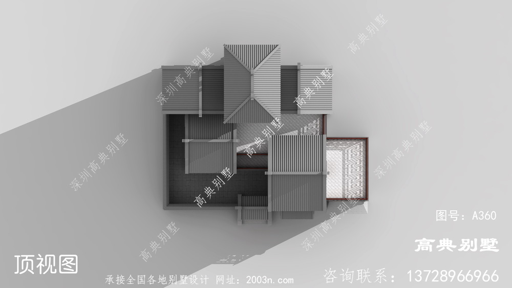 中式两层别墅设计图，屋顶带观景凉亭