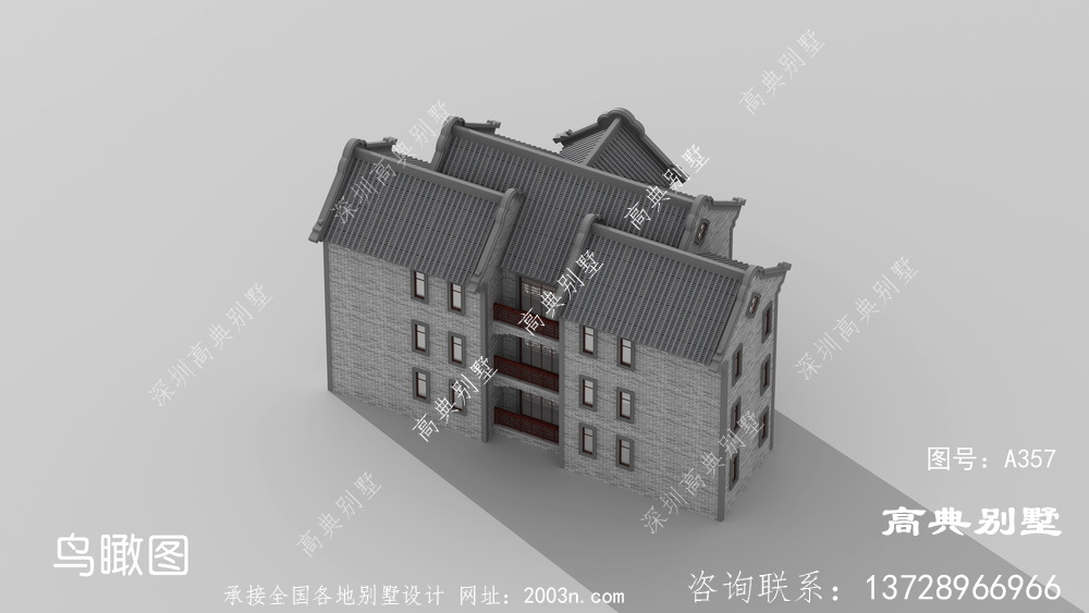 新中式大气三层复式别墅外观效果图