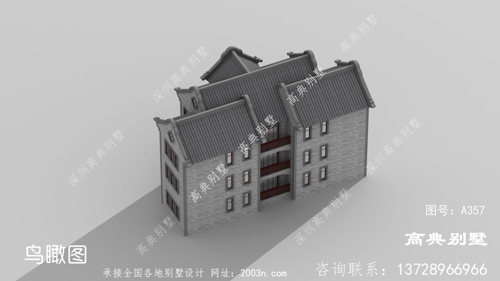 新中式大气三层复式别墅外观效果图