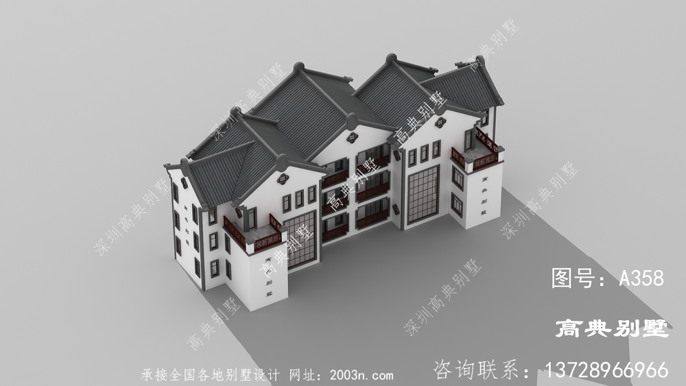 新中式联排三层双拼复式别墅外观设计图