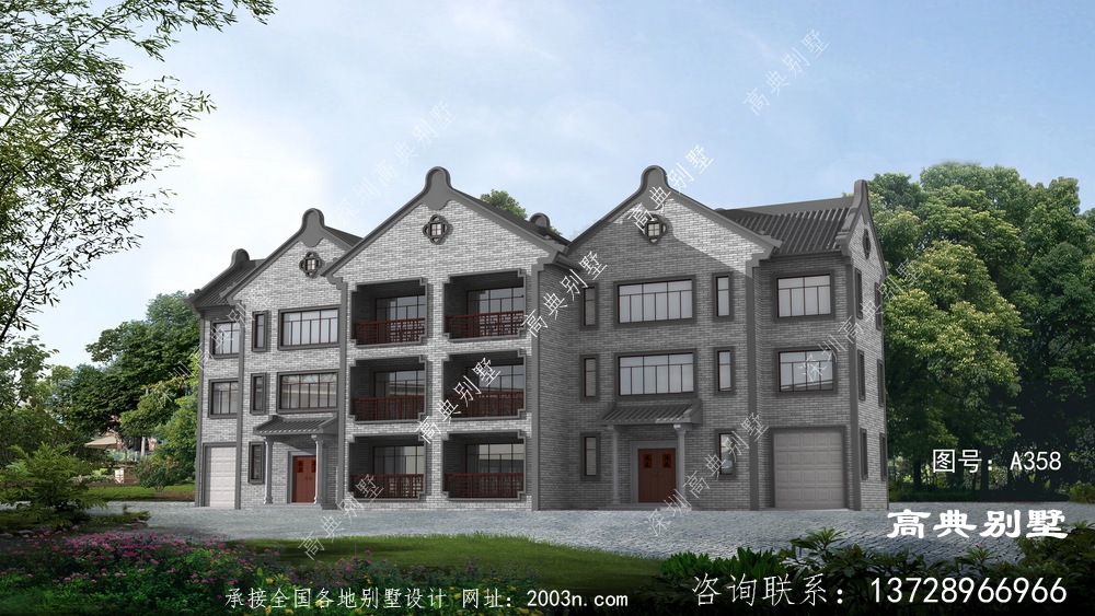 新中式联排三层双拼复式别墅外观设计图