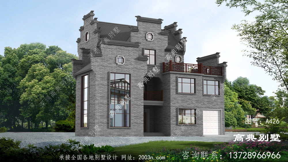 中式风格三层复式别墅外观效果图