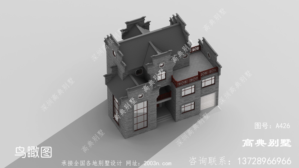中式风格三层复式别墅外观效果图