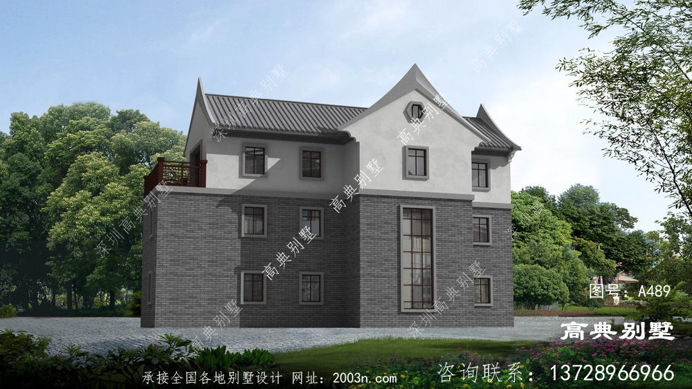 新中式风格三层别墅外观效果图