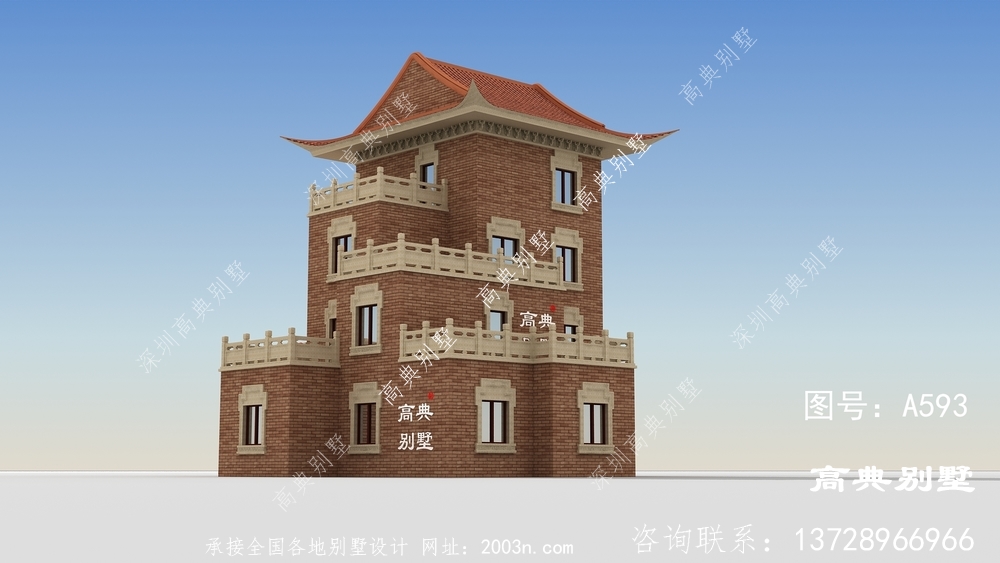 新中式四层别墅住宅外观效果图