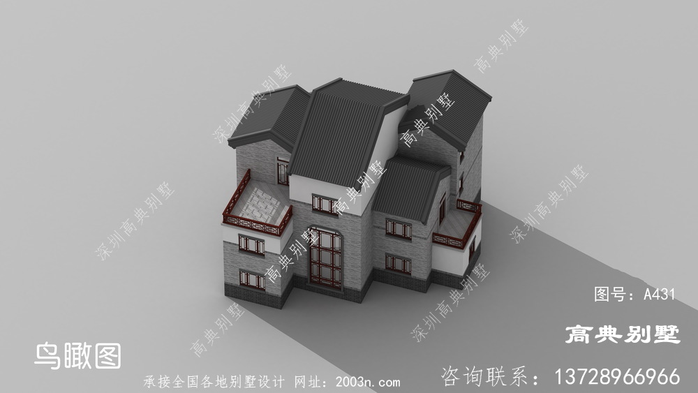新中式风格三层复式别墅外观效果图