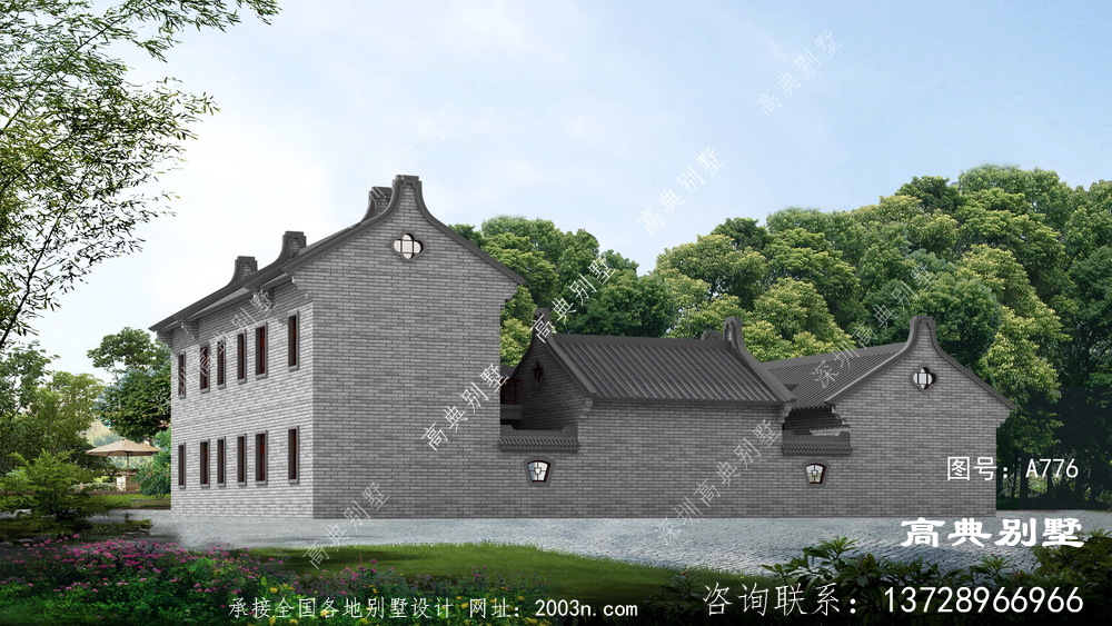 中式两层别墅建筑房屋设计图，布局合理，采光通风良好。