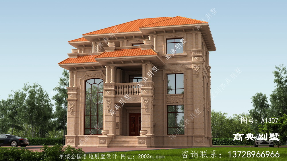 欧式风格三层豪华大气石材别墅外观设计图
