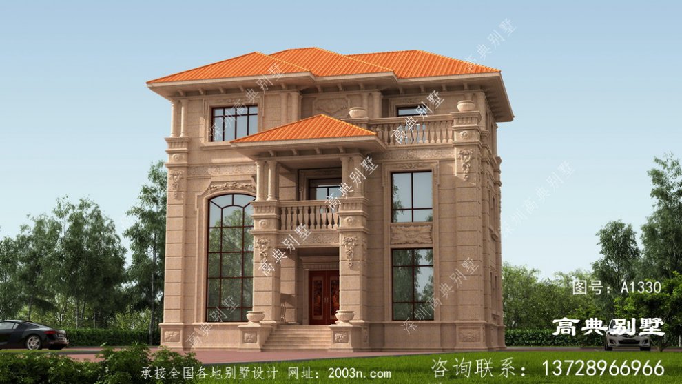 经典大气的三层欧式石材别墅设计效果图