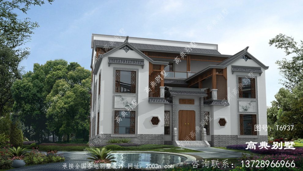 新中式三层时尚别墅外观效果图