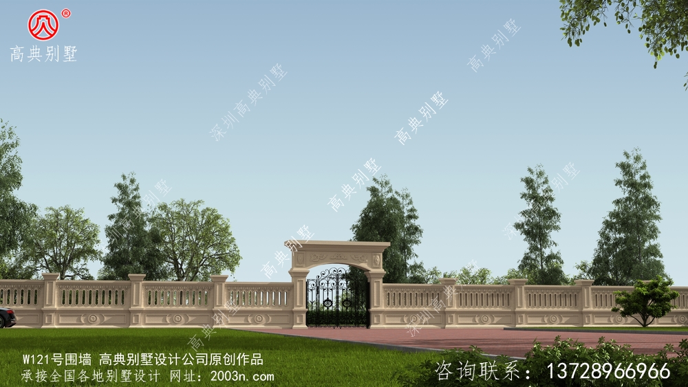 三层别墅搭配围墙大门柱子造型图片W121号
