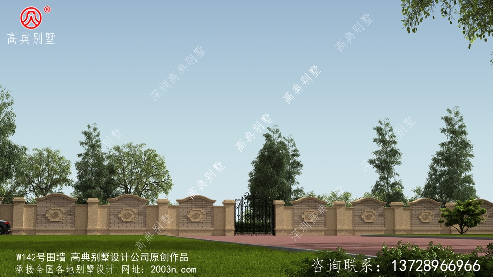 最新农村自建三层欧式别墅搭配大门图片大全W142号高典别墅围墙