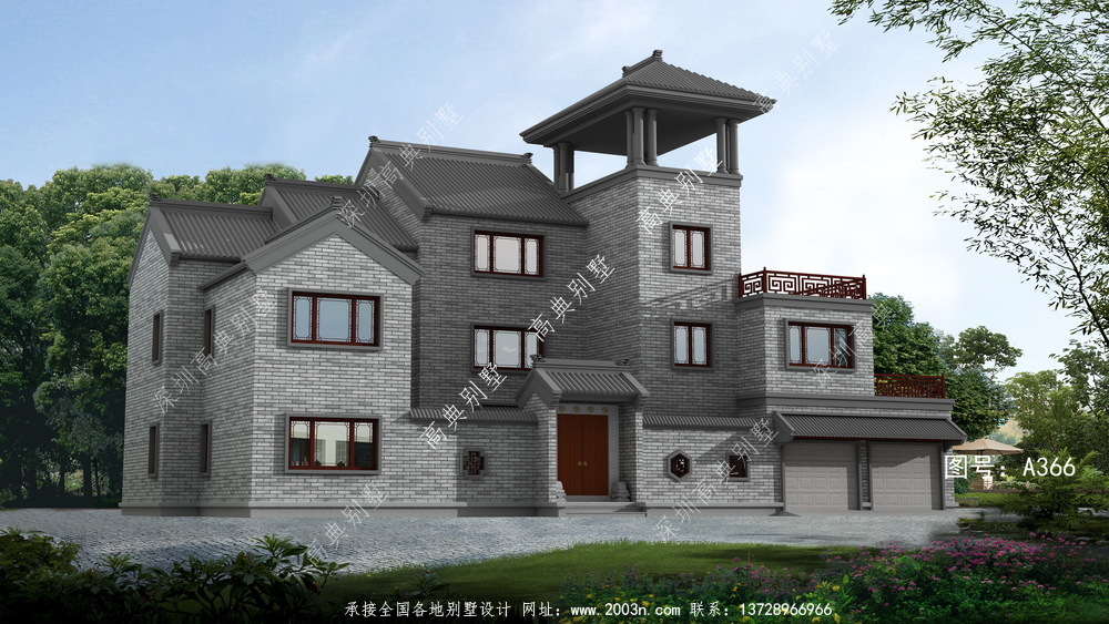 中国风十足的新中式别墅外观效果图