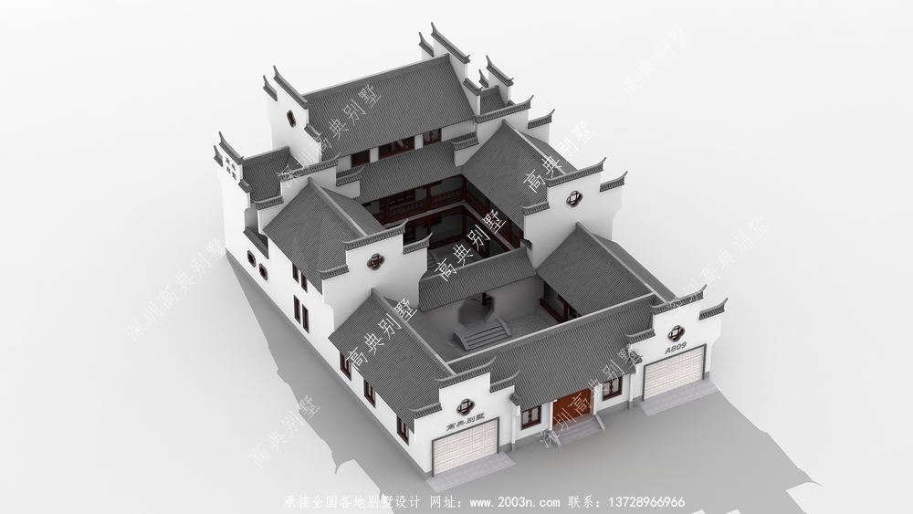 中式庭院别墅外观效果图，素雅大气