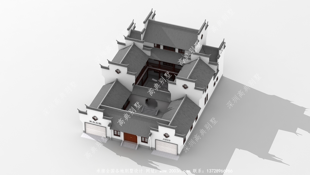 中式庭院别墅外观效果图，素雅大气