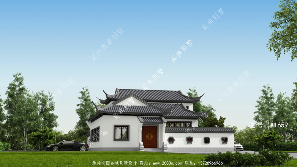 中式庭院别墅外效果图，素雅高贵。