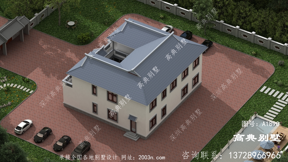 农村两层新中式四合院别墅设计图纸，外观简单好看。
